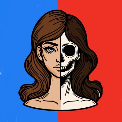 bust of a woman, half face and hair, half skull