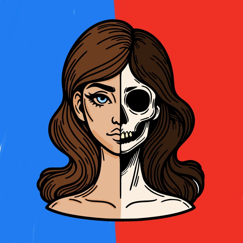 bust of a woman, half face and hair, half skull