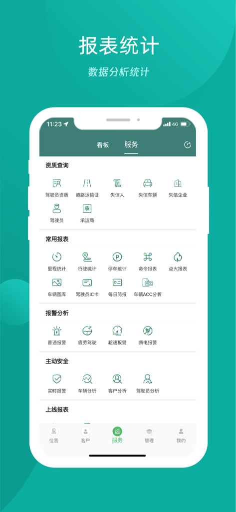 易查车 - 车联网综合管理平台 - Pantalla de servicio de la aplicación Yi Cha Che que muestra varios informes de vehículos y conductores