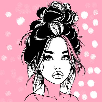 realistic girl with a messy bun and she has lips