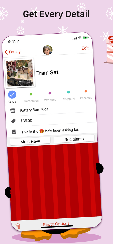 The Christmas List - Mobile app screen showing detailed gift information for a train set including price and status tracking.