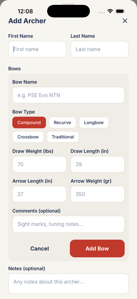 ShootOff Archery - ShootOff Archery app screen for adding a new archer profile with detailed bow and arrow equipment specifications