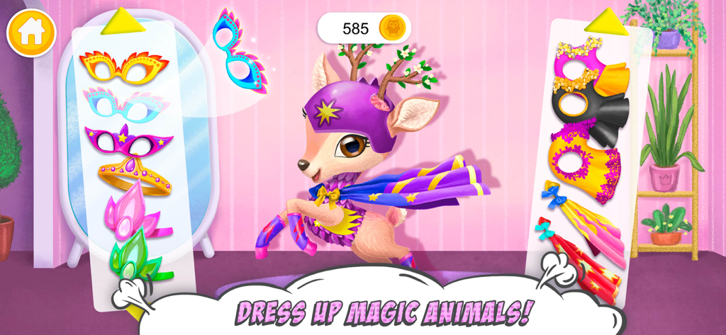 A magic deer pet named Daisy being dressed up in superhero masks and capes in a pink room.