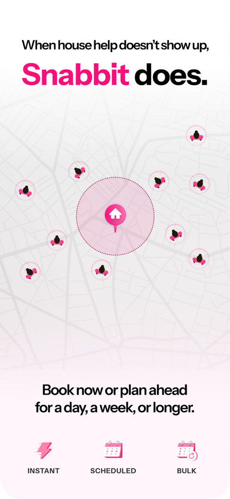 Snabbit App-Karte mit Reinigungskräften in der Nähe für sofortige oder geplante Buchungen