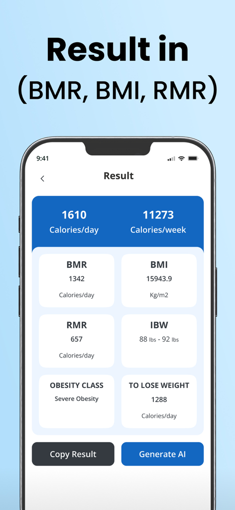Pagina dei risultati del Calcolatore TDEE che mostra calorie giornaliere, BMR, BMI, RMR e obiettivi di perdita di peso su un iPhone.