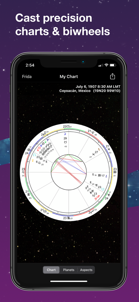 TimePassages Legacy - A detailed astrological natal chart displayed on the TimePassages Legacy mobile app