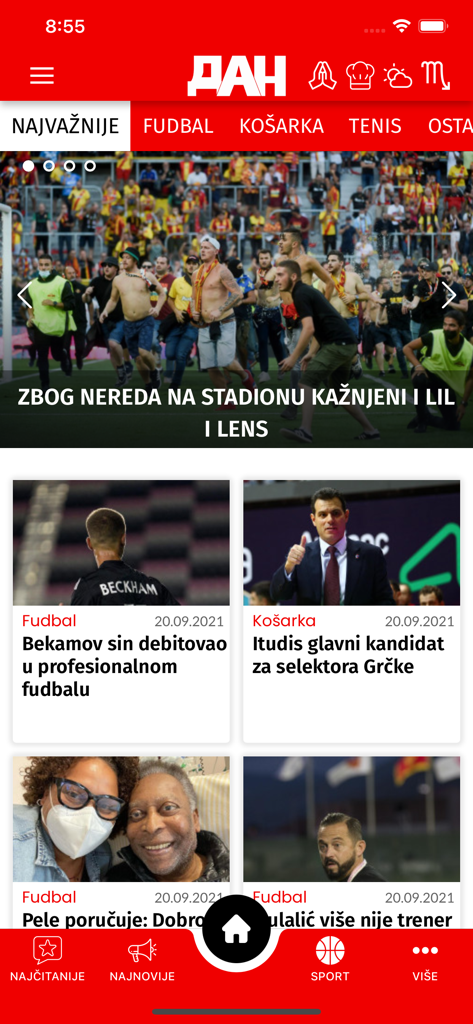 The sports news section of the DAN portal mobile app featuring football and basketball articles