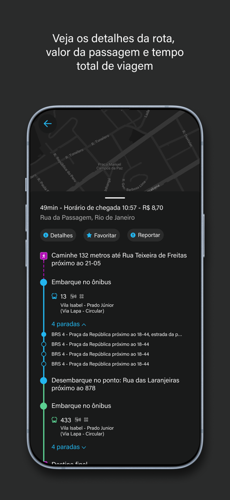 Detailed public transit route in the Va de Onibus app showing bus line details and travel time in Rio de Janeiro