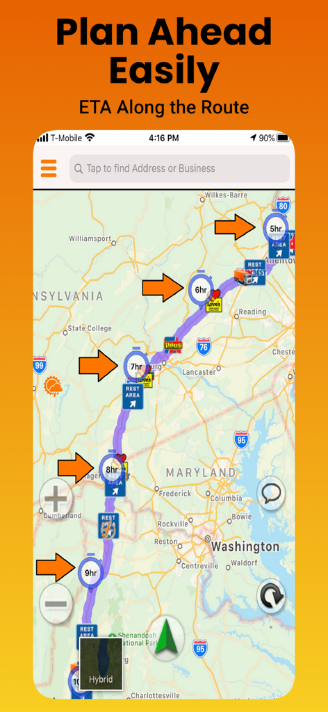 SmartTruckRoute app showing a map with estimated arrival times and truck stops along a planned route