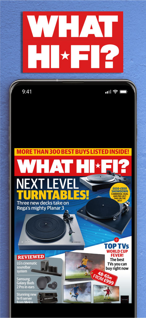 La aplicación What Hi-Fi muestra la portada de una revista digital con reseñas de tocadiscos y televisores