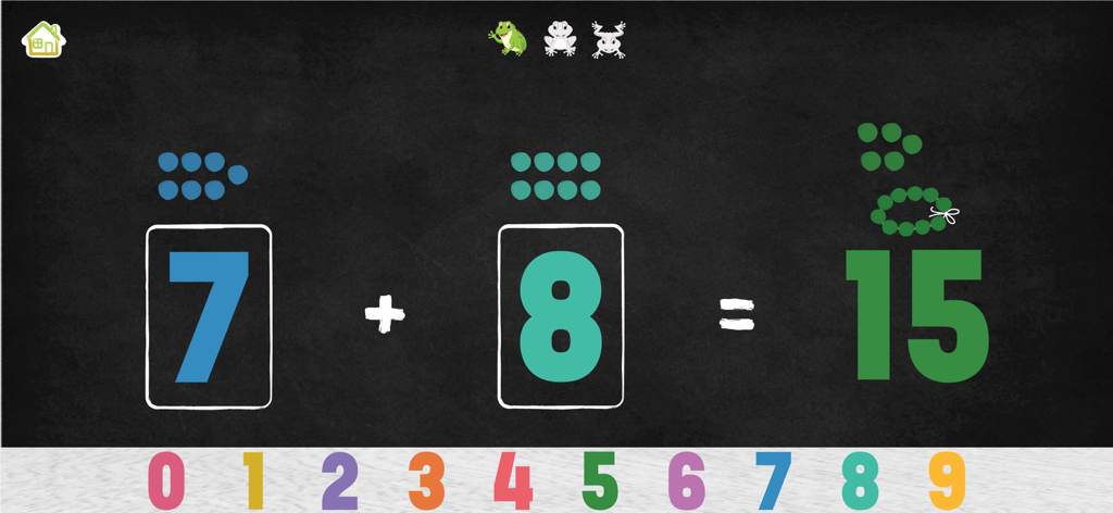 Montessori Math Learning Games - Montessori math game interface showing a visual addition problem 7 plus 8 equals 15 using bead manipulatives.