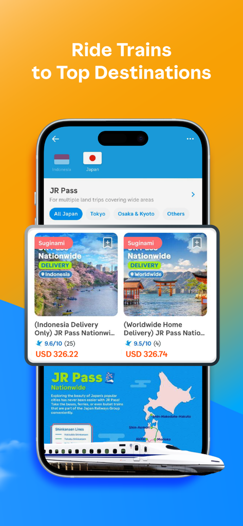 Traveloka app interface for booking JR Passes for travel in Japan featuring a bullet train.