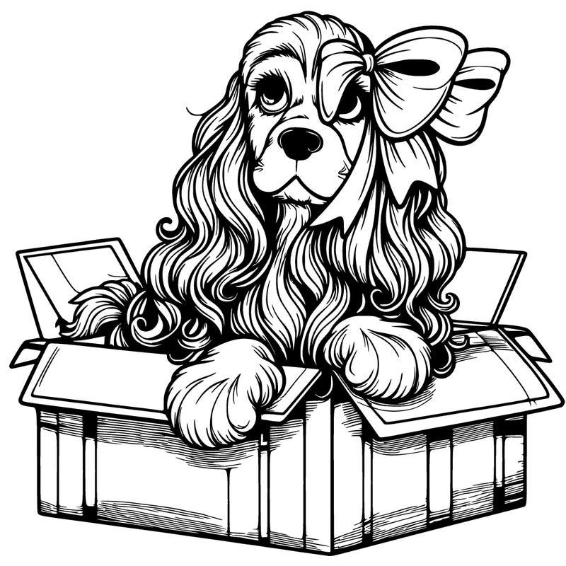 a spaniel american cocker with a beautiful bow coming out if a box realistic cute