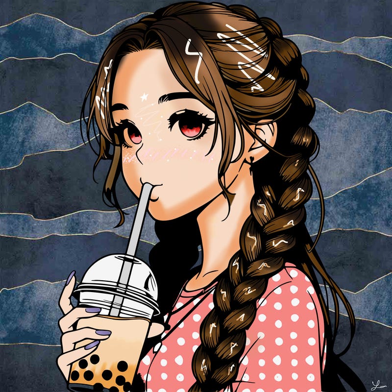 realistic girl with braided hair drinking boba