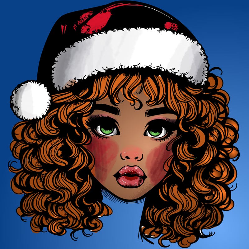 realistic girl with a santa hat curly hair and lips