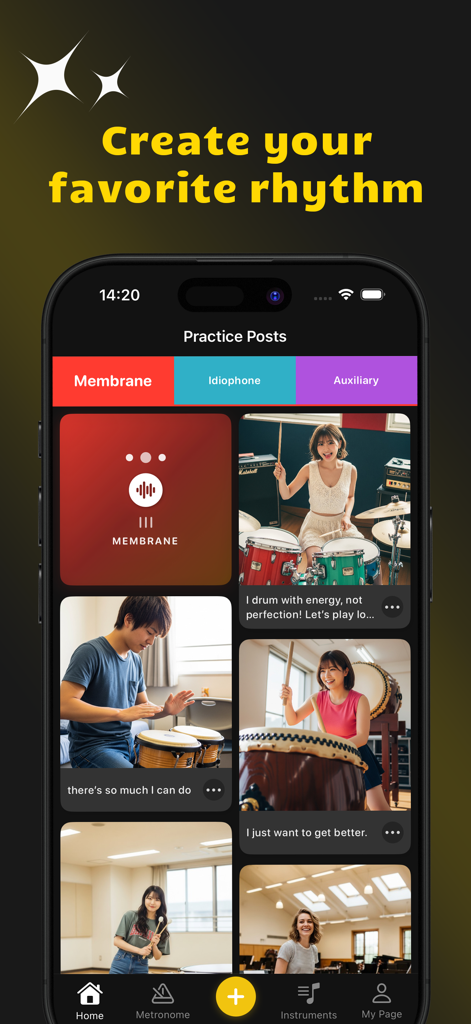 A screen from the Dark app showing a video feed of users practicing drums and other percussion instruments.
