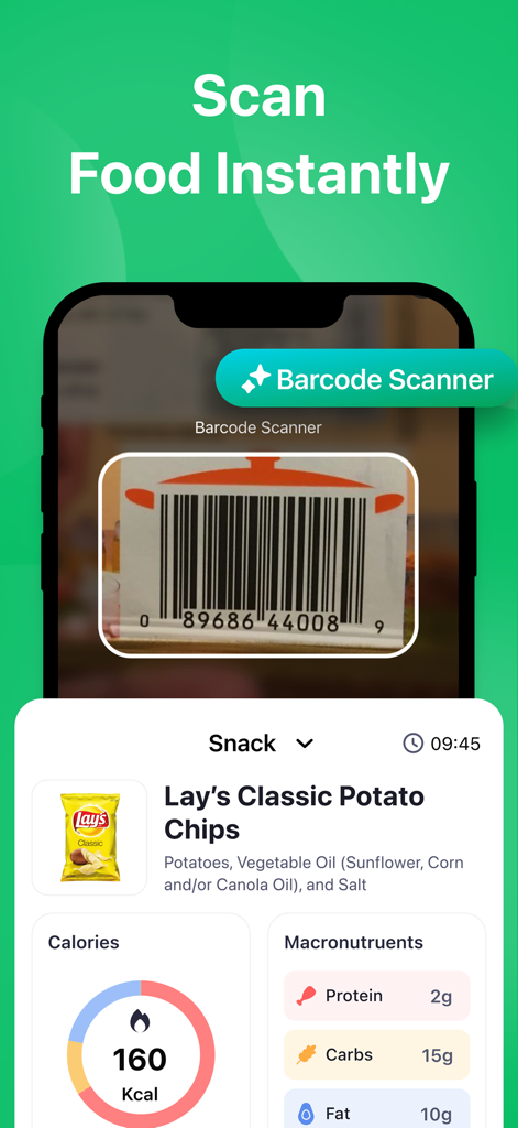 Cal Expert: AI Calorie Tracker - Cal Expert AI Calorie Tracker app showing a barcode scan of a snack with nutritional data and calorie count.