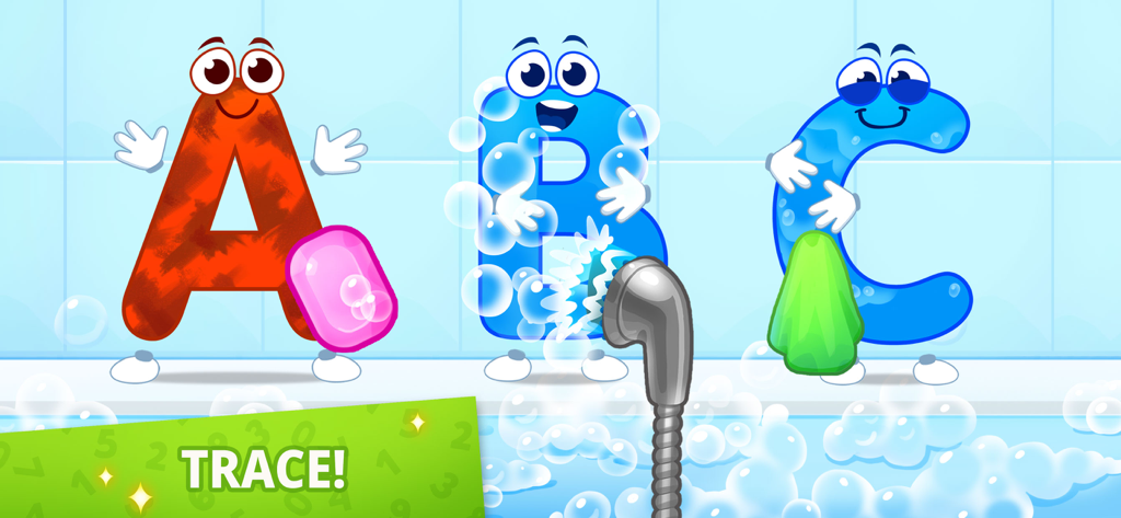 ABC: Alphabet Learning Games - Animated letters A B and C in a bath setting for alphabet learning and tracing