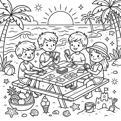 Bring the joy of a summer beach day to life with this delightful coloring page featuring kids playing cards. It's the perfect activity for little artists to unleash their creativity and enjoy sunny vacation vibes.