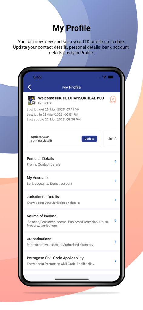 My I-tax - 개인 정보, 은행 계좌 및 소득 출처 섹션을 보여주는 My I-tax 앱의 사용자 프로필 대시보드
