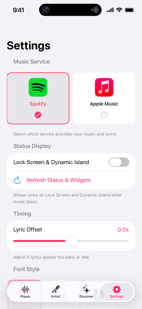 The settings interface of the Dynamic Lyrics app showing music provider selection and lyric offset adjustment options