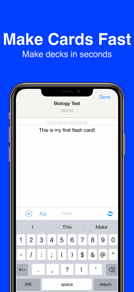 Flash Cards Flashcards Maker - Interface do aplicativo Flash Cards mostrando a criação rápida de um flashcard de teste de biologia em um smartphone.