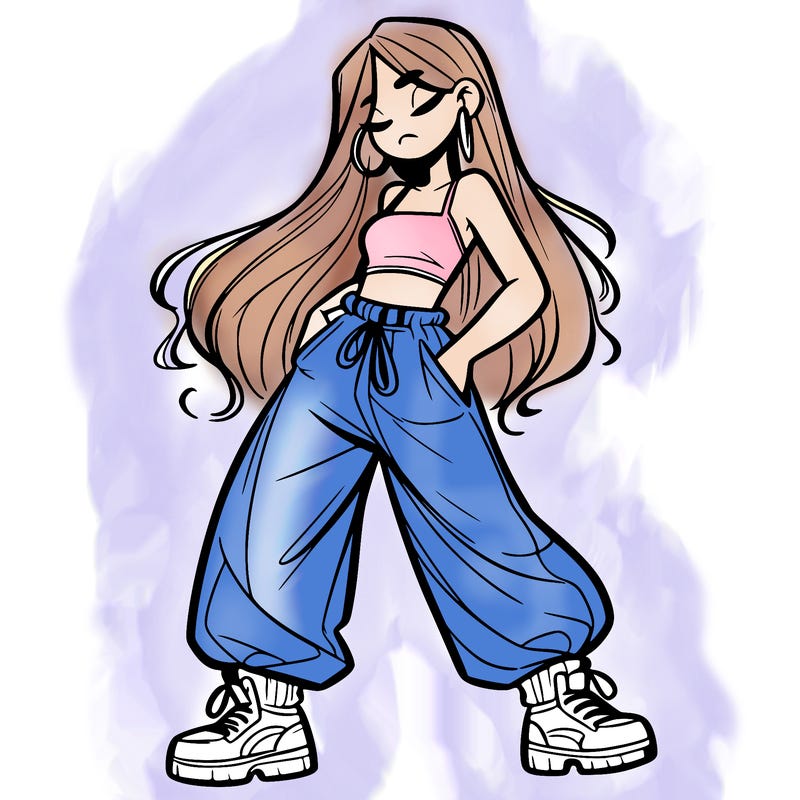 girl in baggy pants crop top and long hair