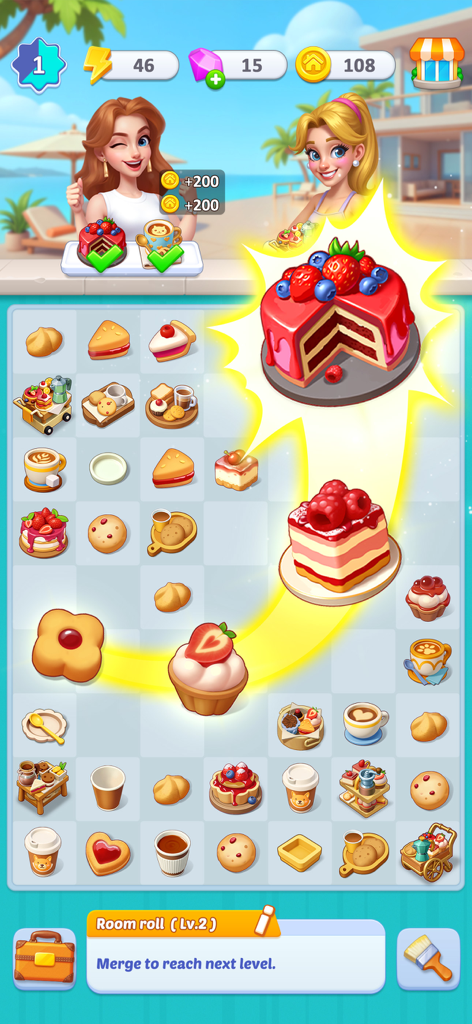 Happy Merge Estate - A game screen showing a merge puzzle with various cakes and cafe treats.