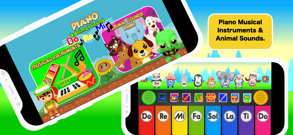 Piano rhymes animal noises - Colorful kids piano app interface with musical instruments and animated animal characters