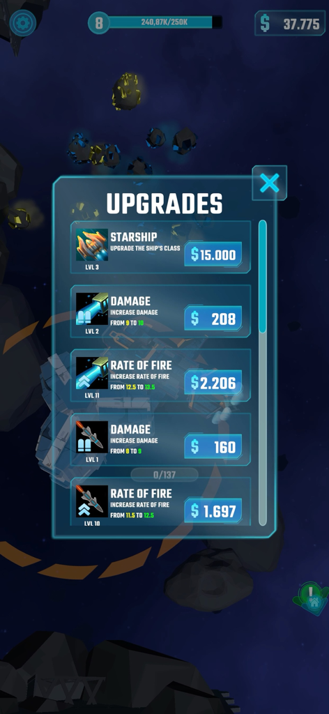 Galaxy Idle - Galaxy Idle game screen showing the starship upgrade menu with options to increase damage and rate of fire