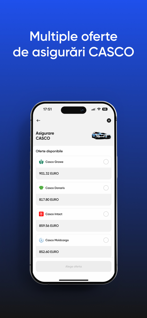 Omnis - Asigurări Online - Interfaz de la aplicación Omnis mostrando varias cotizaciones y precios de seguros CASCO.
