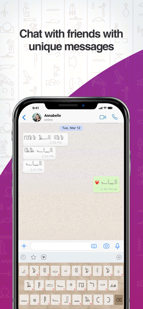 Hieroglyphic Keyboard - iPhone screen showing a chat conversation with messages written in Egyptian hieroglyphs using a custom keyboard.