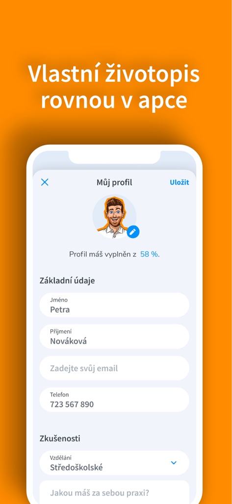 Fajn brigády - A screenshot of the Fajn brigady app showing the user profile and integrated CV builder