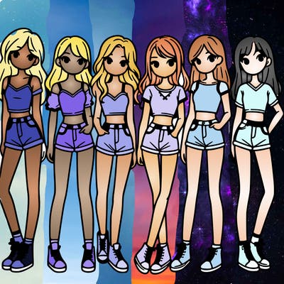 a group of girls wearing crop tops and shorts