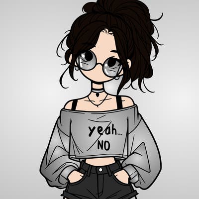 girl with a messy ponytail glasses a baggy crop top and jean shorts