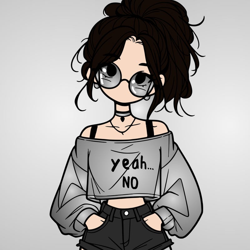 girl with a messy ponytail glasses a baggy crop top and jean shorts