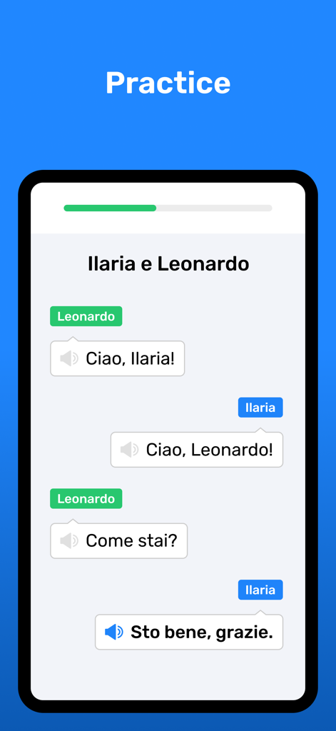 Wlingua - Learn Italian - Italian conversation practice screen showing a dialogue between two characters with audio play buttons