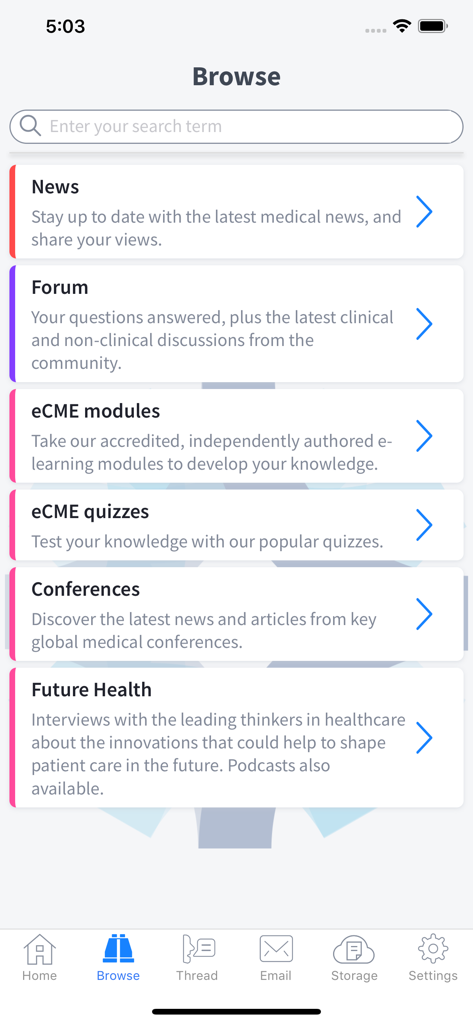 my Doctors.net.uk - Browse menu of the my Doctors.net.uk app featuring medical news forums and education modules