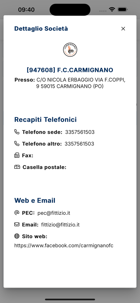 LND Portale Servizi - Display of football club administrative details including contact information and address in the LND Portale Servizi app