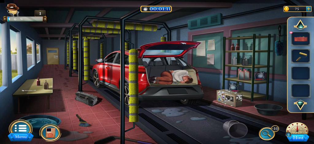 Room Escape: Detective Phantom - A detective game screenshot showing a red car in a car wash with a person tied up in the open trunk