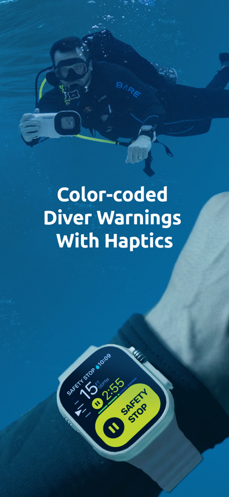 Scuba Diving Computer Oceanic+ - Apple Watch Ultra mostrando una alerta de parada de seguridad codificada por colores en la aplicación Oceanic plus durante la inmersión
