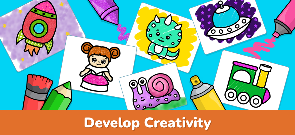 Colorful drawings of a rocket dinosaur and train illustrating the develop creativity feature for a kids coloring app