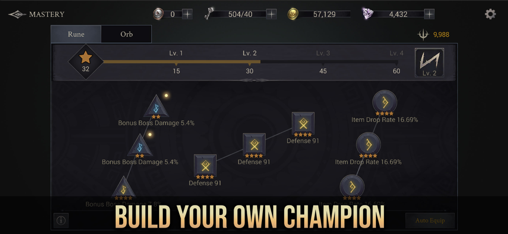 Shadow Hunter: Premium - Menú de Maestría de Shadow Hunter mostrando un árbol de habilidades de personaje con opciones para construir tu propio campeón