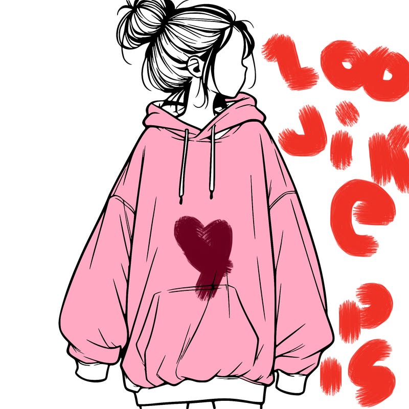 realistic girl with a oversized sweatshirt on and a bun