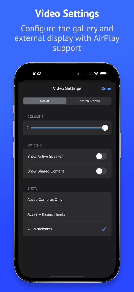 Interfaz de la aplicación Attendant for Zoom que muestra la configuración de video para configurar columnas de galería y opciones de pantalla externa.
