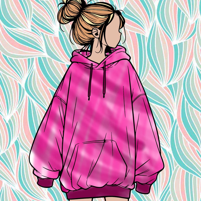 realistic girl with a oversized sweatshirt on and a bun