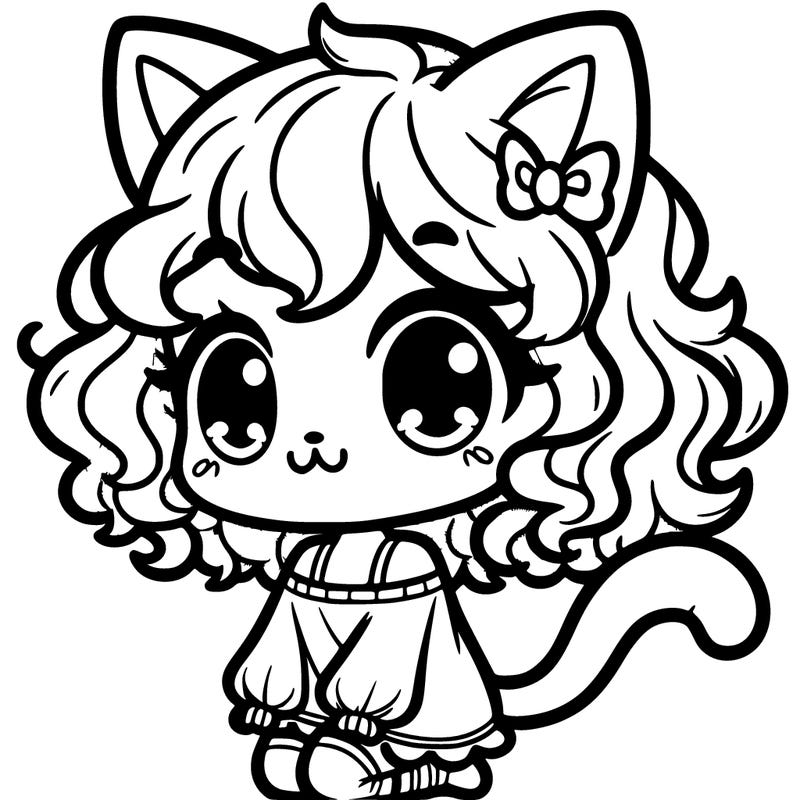 cute cat girl with cat ears and curly hair and a cat tail