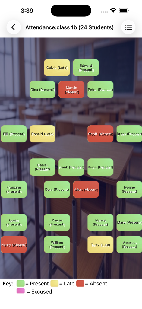 Visual seating chart showing student attendance status in SC Class Assistant Pro