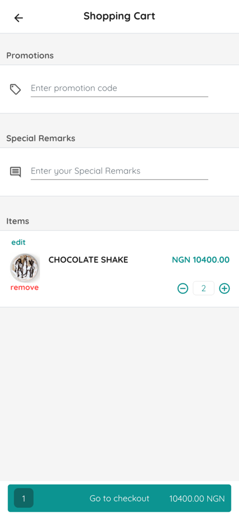 Scoop'd Ice Cream Bar - Shopping cart screen of the Scoop'd app showing a chocolate shake and checkout button