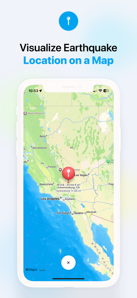 App QuakeMate che mostra la posizione di un terremoto su una mappa della California